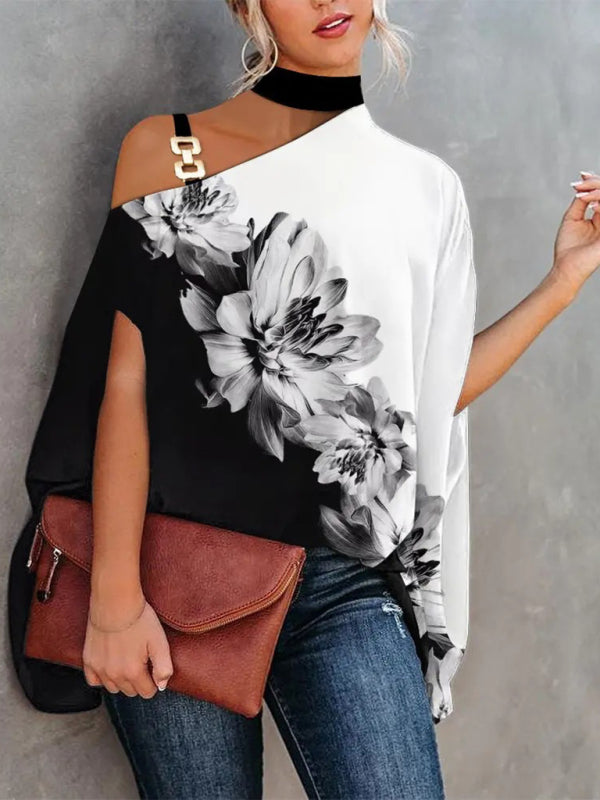 Halter Neck Dolman Sleeve Print Shirt Ladies Shirt Clothing BLUE ZONE PLANET