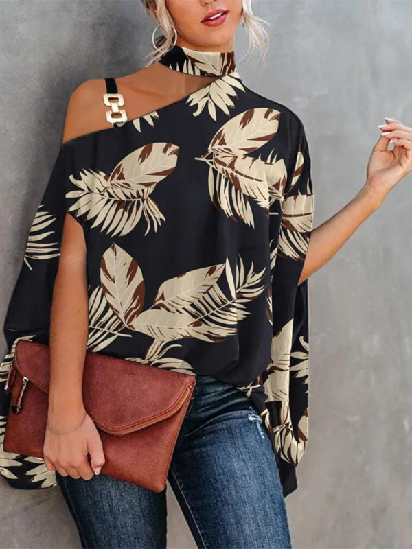 Halter Neck Dolman Sleeve Print Shirt Ladies Shirt Clothing BLUE ZONE PLANET