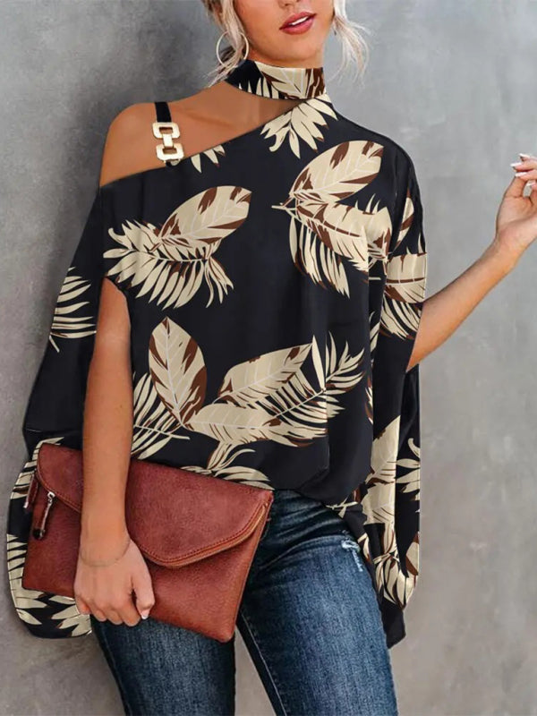 Halter Neck Dolman Sleeve Print Shirt Ladies Shirt Clothing BLUE ZONE PLANET