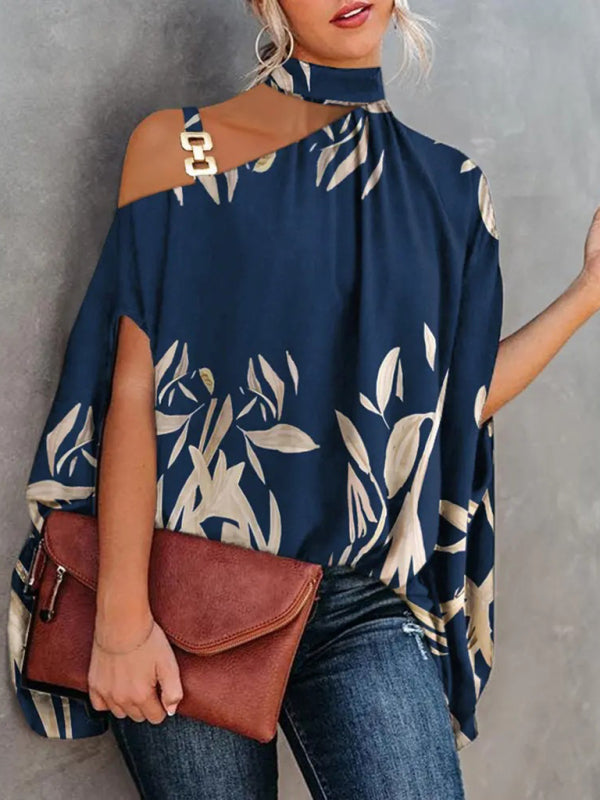 Halter Neck Dolman Sleeve Print Shirt Ladies Shirt Clothing BLUE ZONE PLANET