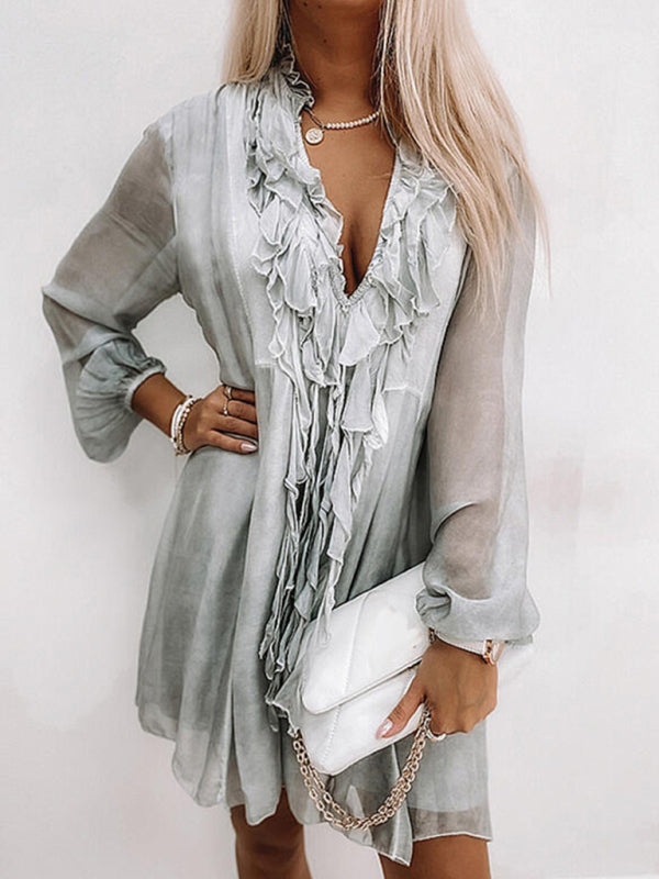 solid color ruffled long sleeve dress BLUE ZONE PLANET