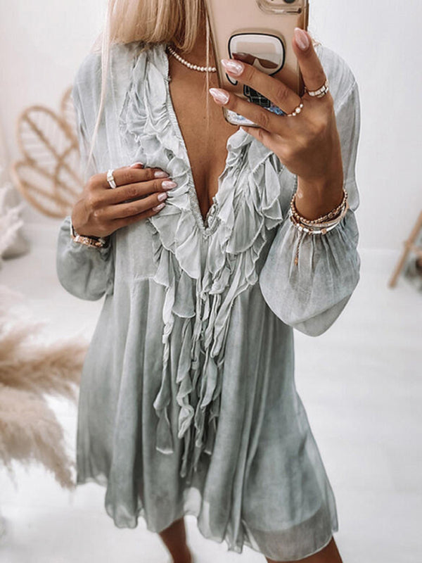 solid color ruffled long sleeve dress BLUE ZONE PLANET