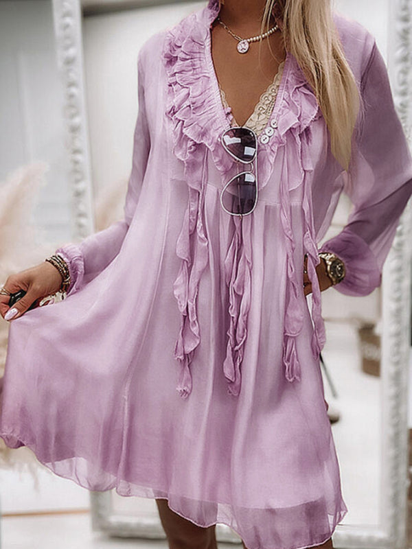 solid color ruffled long sleeve dress BLUE ZONE PLANET