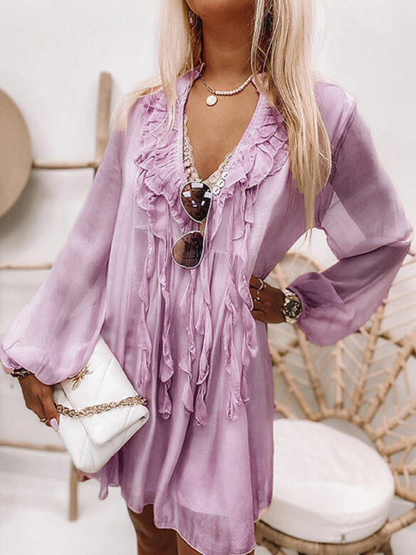 solid color ruffled long sleeve dress BLUE ZONE PLANET