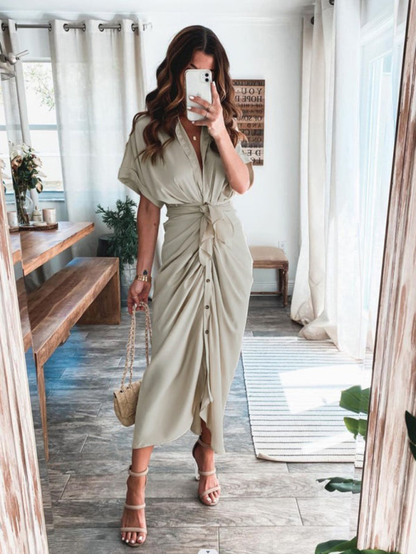 Solid color pleated short sleeve shirt dress kakaclo