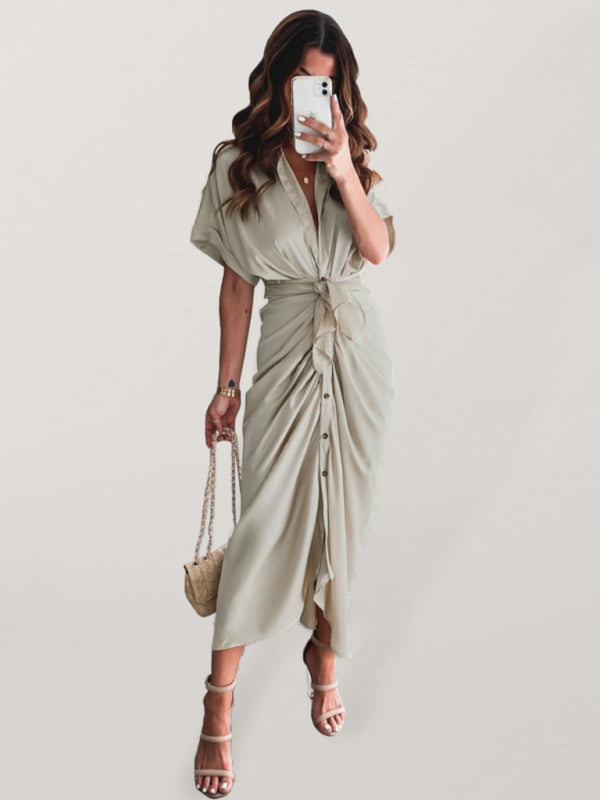 Solid color pleated short sleeve shirt dress kakaclo