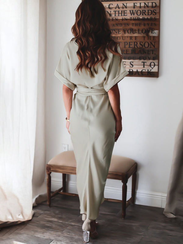 Solid color pleated short sleeve shirt dress kakaclo