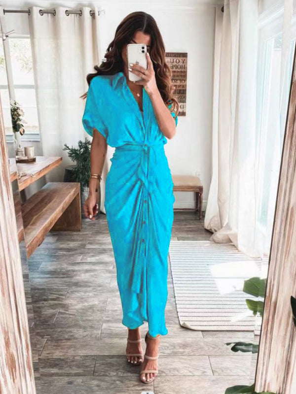 Solid color pleated short sleeve shirt dress kakaclo