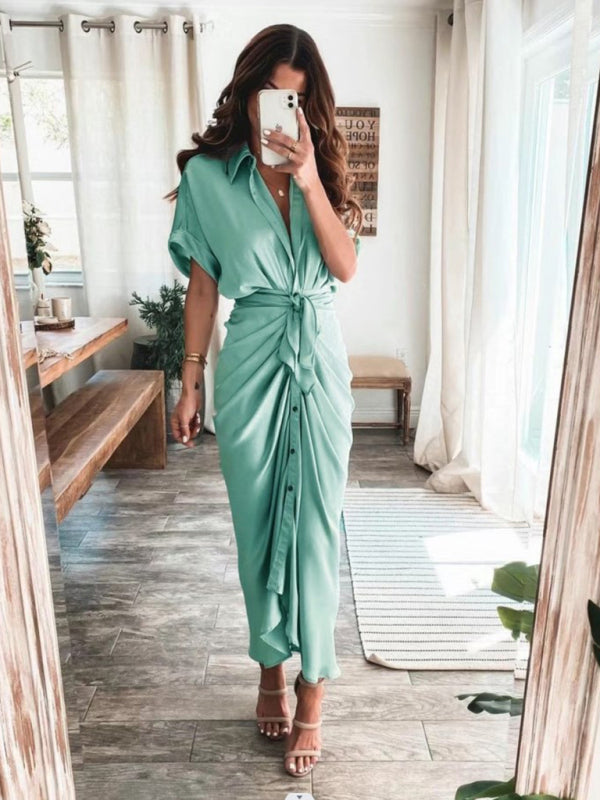Solid color pleated short sleeve shirt dress kakaclo