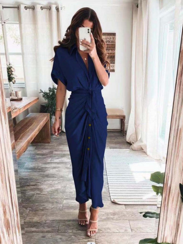 Solid color pleated short sleeve shirt dress kakaclo