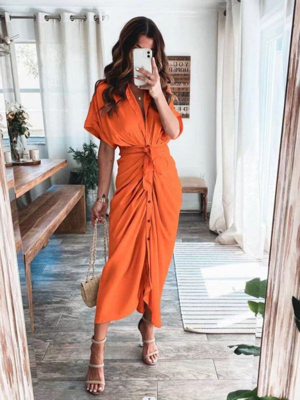 Solid color pleated short sleeve shirt dress kakaclo