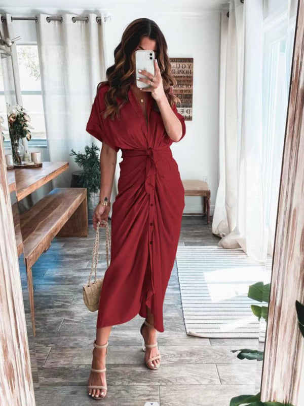 Solid color pleated short sleeve shirt dress kakaclo