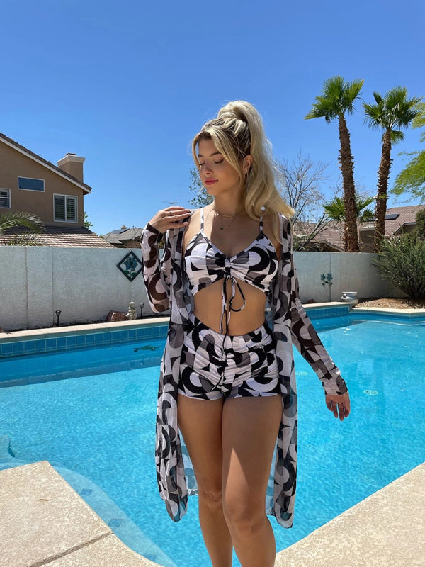 Blue Zone Planet |  Split three-piece high waist long-sleeved blouse drawstring bikini kakaclo