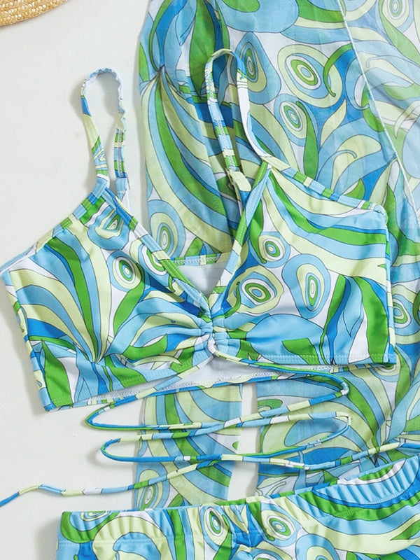 Blue Zone Planet |  Split three-piece high waist long-sleeved blouse drawstring bikini kakaclo