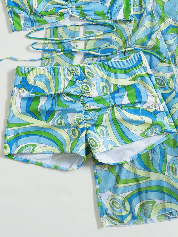 Blue Zone Planet | Split three-piece high waist long-sleeved blouse drawstring bikini kakaclo