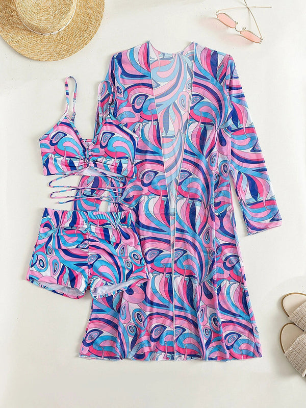 Blue Zone Planet |  Split three-piece high waist long-sleeved blouse drawstring bikini kakaclo