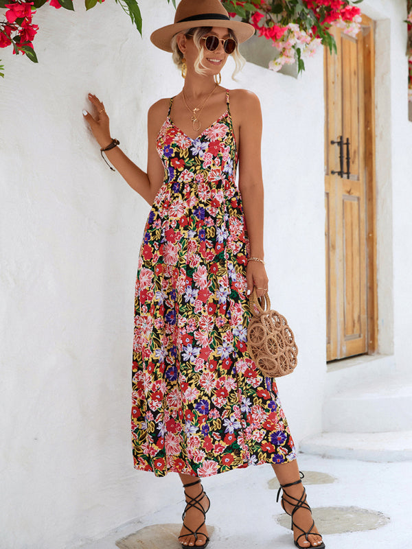 Blue Zone Planet | Women's Floral Backless Slit Slip Dress kakaclo