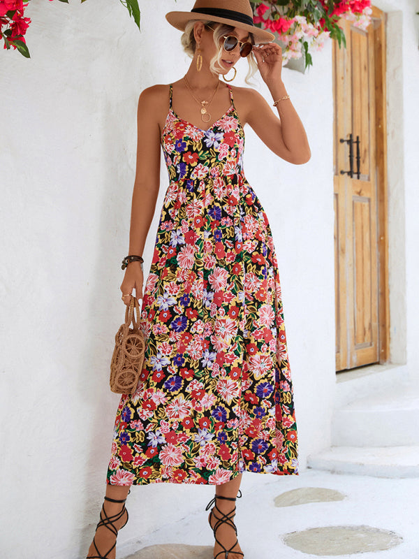 Blue Zone Planet | Women's Floral Backless Slit Slip Dress kakaclo