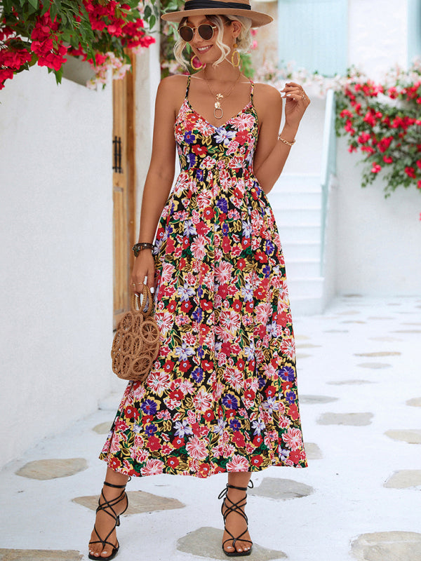 Blue Zone Planet | Women's Floral Backless Slit Slip Dress kakaclo