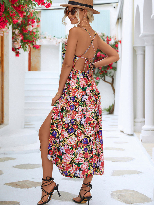 Blue Zone Planet | Women's Floral Backless Slit Slip Dress kakaclo