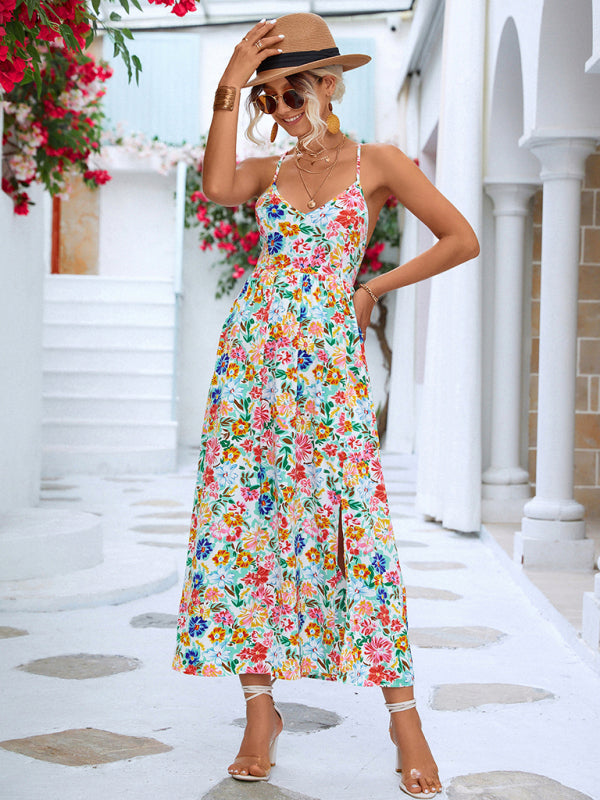 Blue Zone Planet | Women's Floral Backless Slit Slip Dress kakaclo