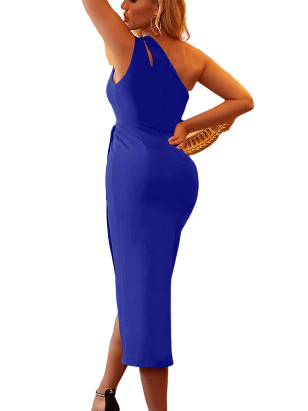 Blue Zone Planet | Sleeveless Hollow Shoulder Shoulder Asymmetric Women's Mid Length Dress kakaclo