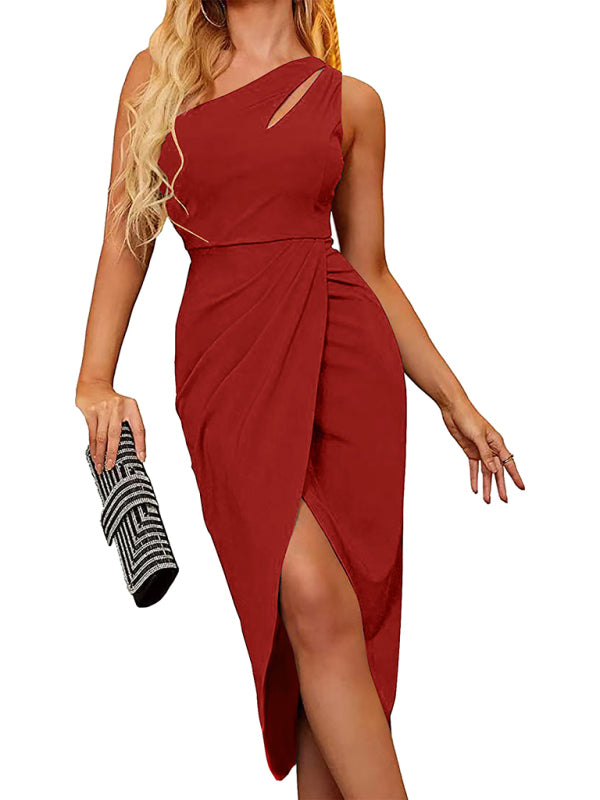 Blue Zone Planet | Sleeveless Hollow Shoulder Shoulder Asymmetric Women's Mid Length Dress kakaclo
