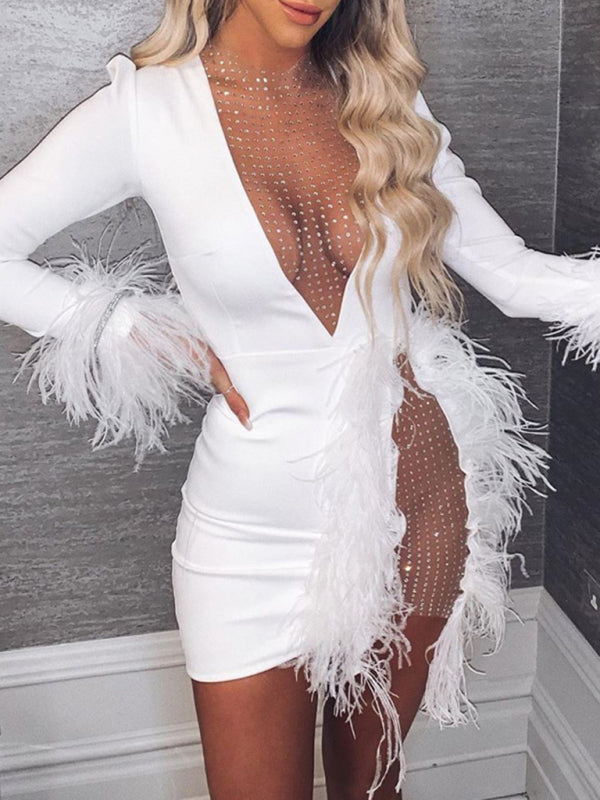 Blue Zone Planet | Mesh V-neck Stitching Mesh Feather Decoration Slim Dress Women kakaclo