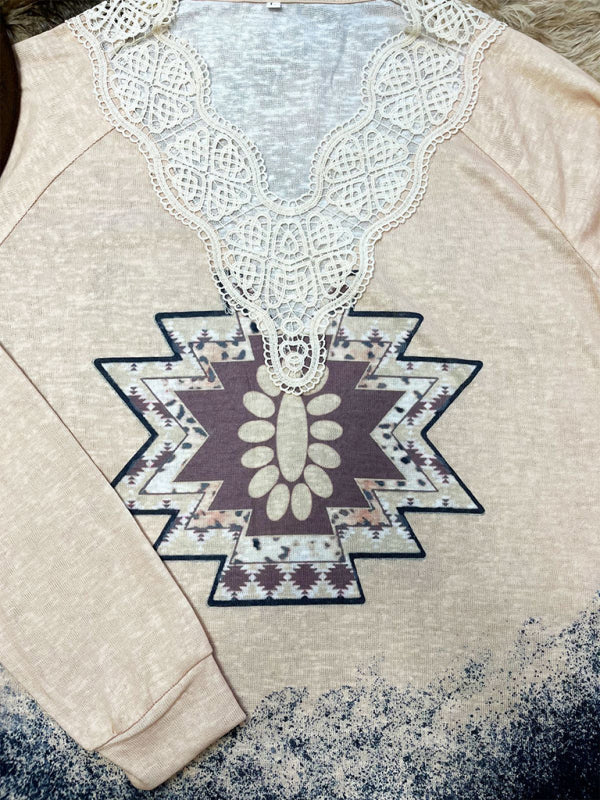 Knitted Ethnic Aztec Print Lace Top BLUE ZONE PLANET