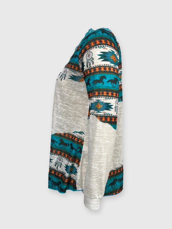 Knitted Ethnic Aztec Print Lace Top BLUE ZONE PLANET