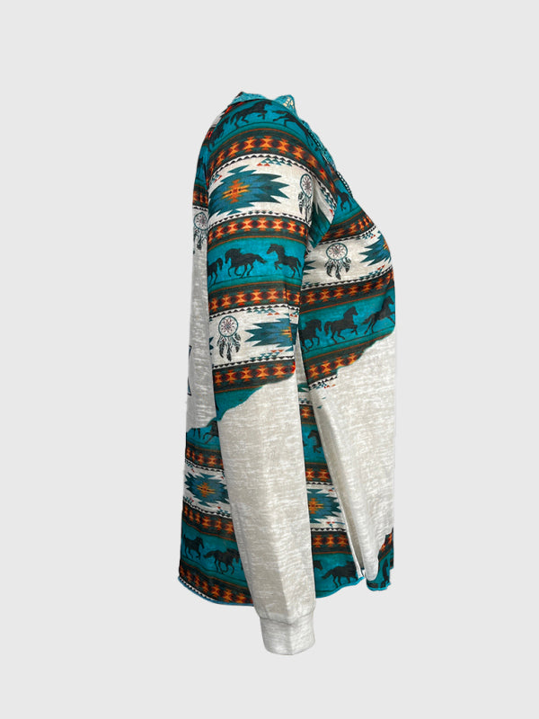 Knitted Ethnic Aztec Print Lace Top BLUE ZONE PLANET