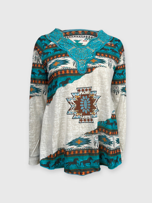 Knitted Ethnic Aztec Print Lace Top BLUE ZONE PLANET