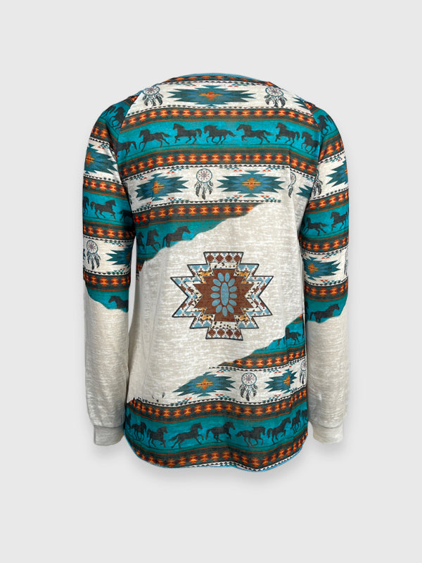 Knitted Ethnic Aztec Print Lace Top BLUE ZONE PLANET