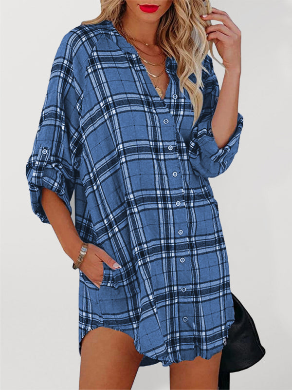 Blue Zone Planet | plaid V-neck long-sleeved shirt dress BLUE ZONE PLANET