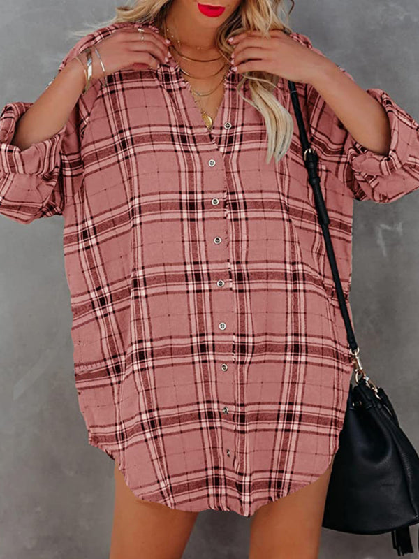 Blue Zone Planet | plaid V-neck long-sleeved shirt dress BLUE ZONE PLANET