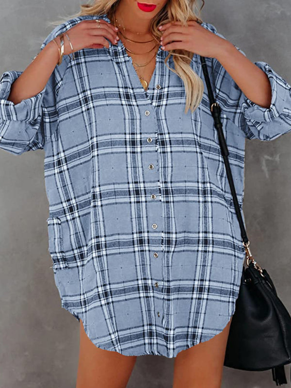Blue Zone Planet | plaid V-neck long-sleeved shirt dress BLUE ZONE PLANET