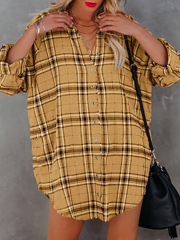 Blue Zone Planet | plaid V-neck long-sleeved shirt dress BLUE ZONE PLANET