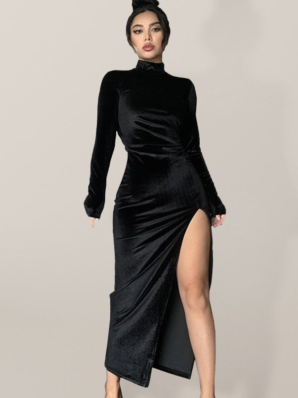 Blue Zone Planet | High-neck long velvet dress slim sexy pleated slit dress kakaclo
