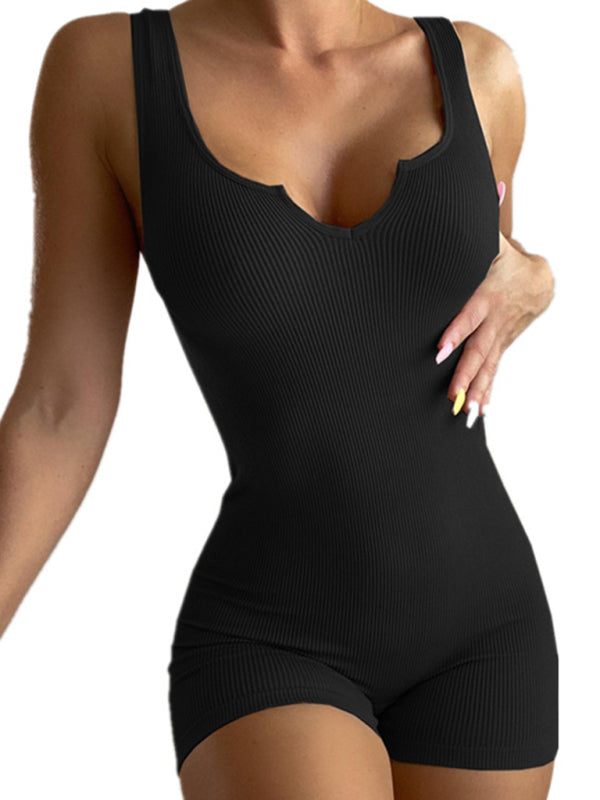 Blue Zone Planet | Solid Color Knit Rib V-Neck Tank Top Slim Fit Jumpsuit BLUE ZONE PLANET