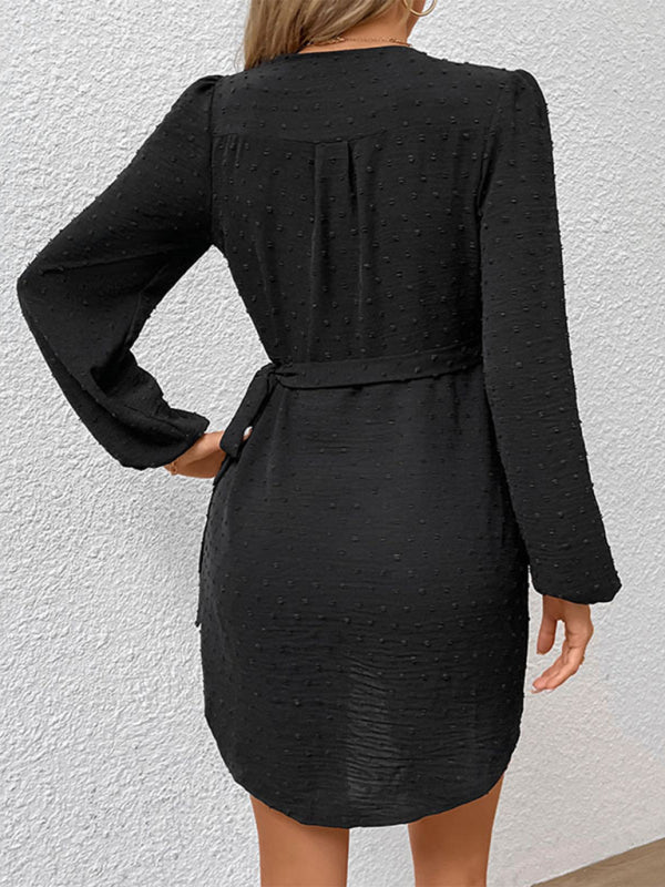 Women's Black Elegant Jacquard Long Sleeve Dress kakaclo