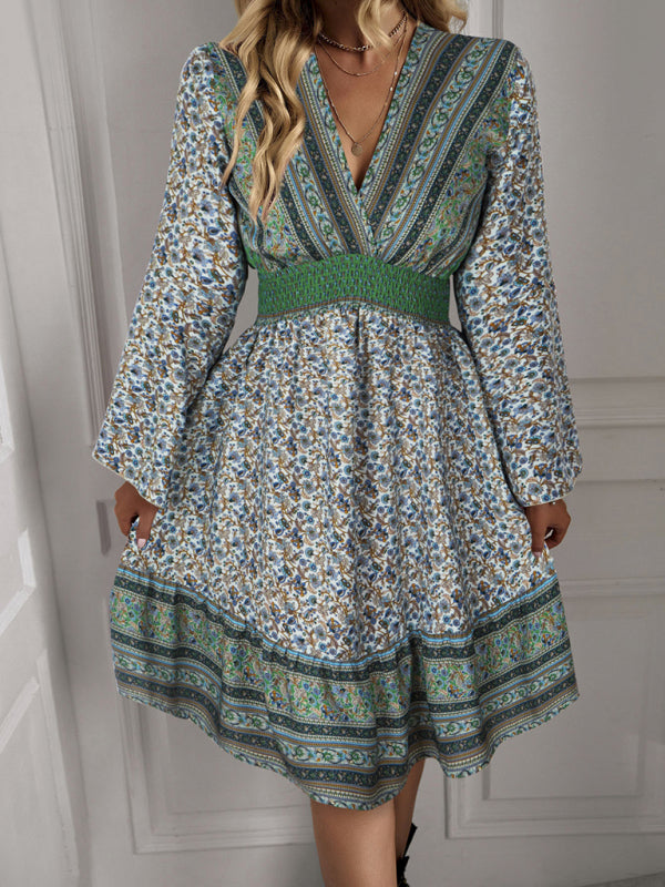 V Neck Long Sleeve Bohemian Long Sleeve Dress kakaclo