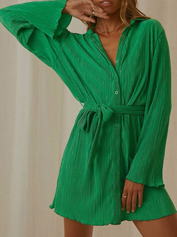 Pleated Long Sleeve Belted Shirt Dress BLUE ZONE PLANET