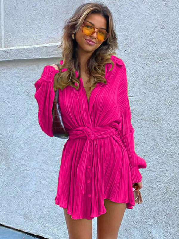 Pleated Long Sleeve Belted Shirt Dress BLUE ZONE PLANET