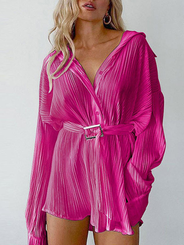 Pleated Long Sleeve Belted Shirt Dress BLUE ZONE PLANET