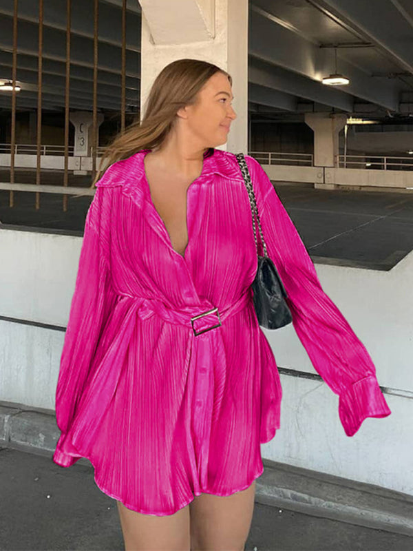 Pleated Long Sleeve Belted Shirt Dress BLUE ZONE PLANET
