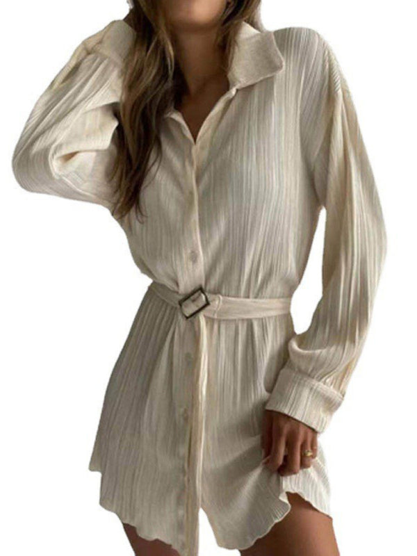 Pleated Long Sleeve Belted Shirt Dress BLUE ZONE PLANET