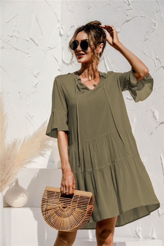 Blue Zone Planet | V-neck trumpet sleeve cake style stitching dress BLUE ZONE PLANET