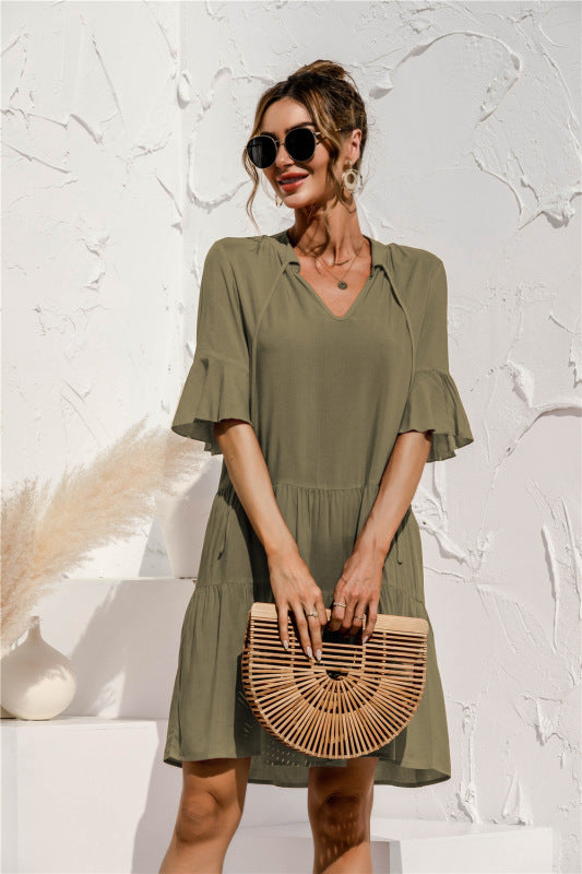 Blue Zone Planet | V-neck trumpet sleeve cake style stitching dress BLUE ZONE PLANET