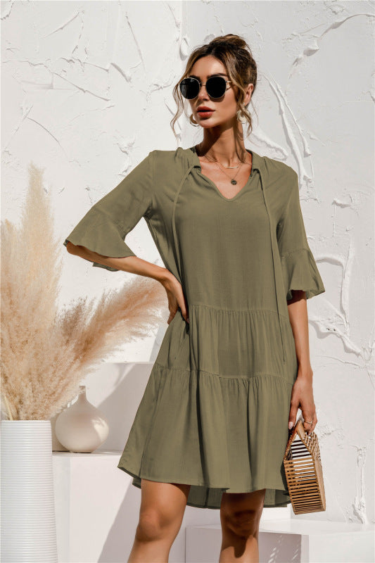 Blue Zone Planet | V-neck trumpet sleeve cake style stitching dress BLUE ZONE PLANET