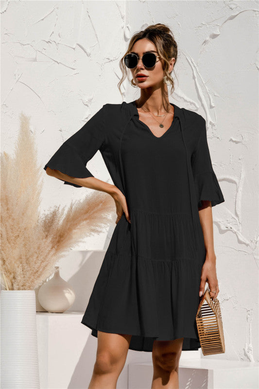 Blue Zone Planet | V-neck trumpet sleeve cake style stitching dress BLUE ZONE PLANET